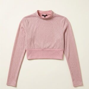 naked wardrobe Pink Shimmer Mock Neck Long Sleeve Crop Top